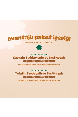 Organik Çubuk Kraker Atıştırmalık Paketi - 4 Adet 2 Çeşit 180 G