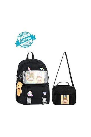 Waddell Kawaii Kore Tarzı Aksesuarlı İlkokul Sırt Ve Beslenme Çantası Siyah 25001 Siyah
