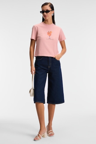 Grımelange IVONNE Kadın Cocktail Baskı Desenli Kısa Kollu Organik Pamuklu Bisiklet Yaka Crop Pembe T-Shirt