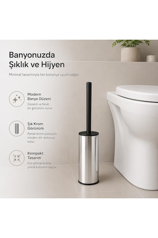 Lexroo Krom Klozet Fırçası, Paslanmaz Görünümlü Tuvalet Fırçası, Siyah Saplı Modern Wc Fırçalık