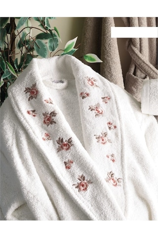 Dantela Premium Soft Nakışlı Aile Bornoz Seti-Gülce Krem Bej Krem - Bej