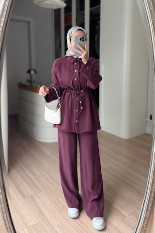 Ka Hijab Çıtçıt Detay Beli Büzgülü Takım - Mürdüm