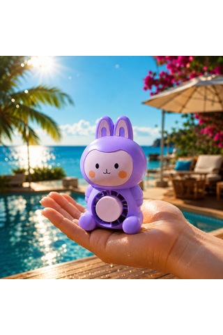 Vıp Yüksek Kalite Mor Tavşanlı Masa Fanı Mini El Fanı Pembe Işıklı Şarjlı Masa Fanı Şarjlı El Fanı