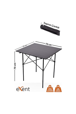 Exent Full-Alüminyum Yanmaz- Kırılmaz Hafif Kamp-Piknik Masası 70 CM Siyah