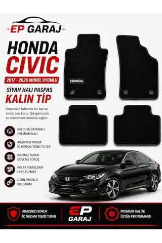 Honda Civic 2017 2026 Uyumlu Siyah Halı Paspas Kalın Tip 4 Parça