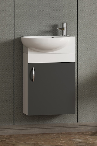 Lale 45 Cm Beyaz-antrasit Gri Mat Mdf Seramik Lavabolu Asma Alt Banyo Dolabı