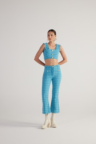 Holly Lolly İspanyol Kesim Tüvit Tweed Pantolon Mavi
