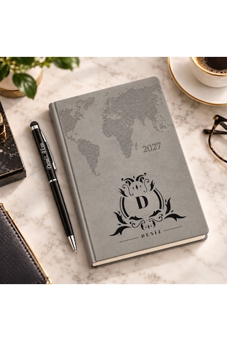 Bk Gift Kişiye Özel 378 Termo Deri Tarihli Ajanda & Siyah Touch Pen Tükenmez Kalem-8 Gri