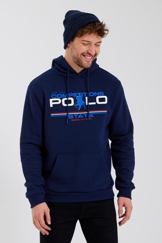 Polostate Erkek Kapüşonlu Baskılı 3 İplik Sweatshirt Lacivert