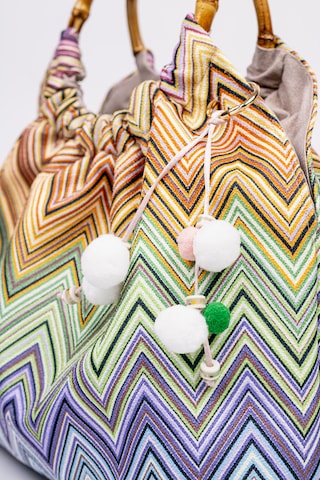 Fabric Craft Bag El Çantası Bambu Saplı Zigzag Desenli Duck Kumaş Çok Renkli