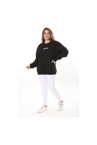 Kadın Büyük Beden Siyah Pamuk Kumaş Nakış Yazılı Sweatshirt 65n37616-siyah Siyah