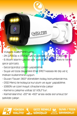 Elitcam 1 Ultra Kamera Bulet Dış Mekan 5 MP 2K Net Renkli Gece Görüşlü Warmled Kameralı AHD Güvenlik Kamerası
