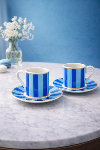2 Kişilik Porselen Yaldızlı Lovely Birds Özel Tasarım Kuşlu Kahve Fincan Takımı Seti 90ml Açık Mavi