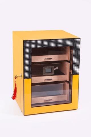 Cohiba Sarı Cohiba Desenli 4 Çekmeceli Sedir Humidor Puro Kutusu
