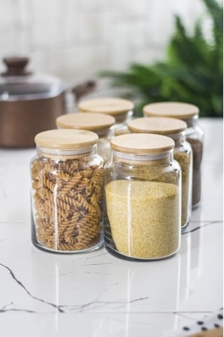 6 Lı Set Bambu Kapaklı Cam Kavanoz & Erzak Saklama Kabı 800 Ml Orta Boy Vakum Kapak Diğer