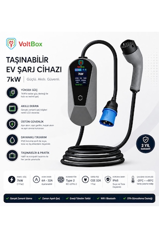 Voltbox Evo7 Taşınabilir Elektrikli Araç Şarj Cihazı 32a/7kw/220v 5 Metre -türkçe Menü 7.4 kW