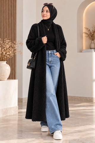 Aymiraa Kadın Oversize Uzun Triko Hırka Şal Yaka Siyah Siyah