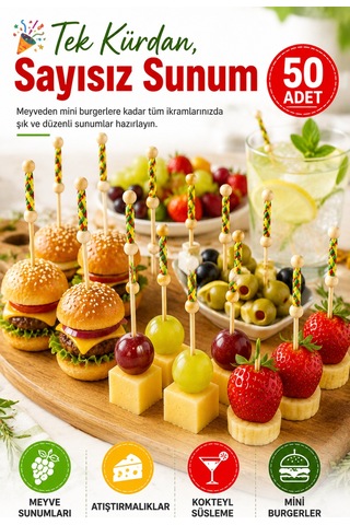 50 Adet Dekoratif Sarı Örgülü Bambu Kürdan 12 Cm Parti Davet Kokteyl Meyve Sunum Kürdanı Seti Paket