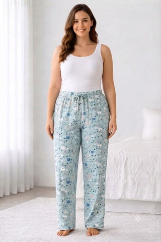 Viskon Pamuklu Kadın Büyük Beden Deniz Mavisi Desenli Pijama Pantolon - Mgb012 - Mudanis
