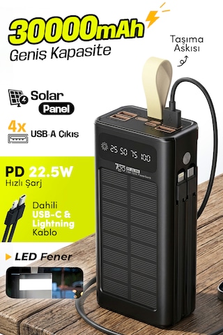 7go Gpw-09 30000mah Güneş Enerjili Powerbank Pd 22.5w Hızlı Şarj Dahili Type-c & Lightning Kablo Siyah