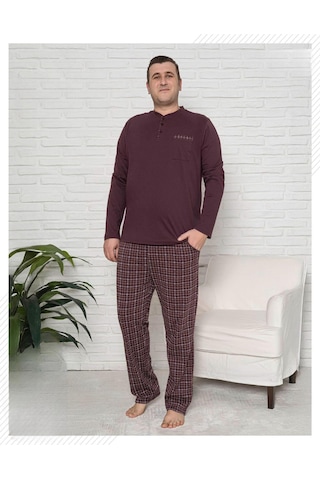 Pijamoni Erkek Battal Düğme Yaka Penye Uzun Kol Pijama Takımı 6720/18 - 1 Adet Vişne Çürüğü