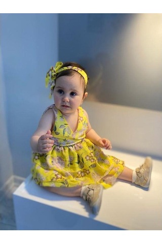 MODAVALS LİMON SARI KARDEŞ KOMBİN ÇİÇEKLİ KIZ ÇOCUK ELBİSE & BANDANA KOMBİN Sarı