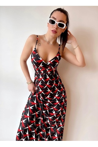 Kadın V Yaka Göğüs Ve Sırt Dekolteli Fırsat Ürün Maxi Moy Elbise Siyah