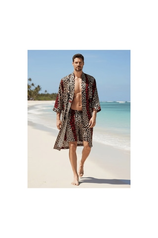 Qmen Style Erkek Kimono Takımı Leopar Desen 3 Lü Viskon Set Bornoz + Pantolon + Şort Bordo