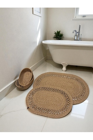 Mavaux Terra 4 Lü Banyo Seti 2 Li Oval Paspas & 2 Li Oval Sepet, Doğal Halat Dokuma, El Yapımı - Premium Hasır