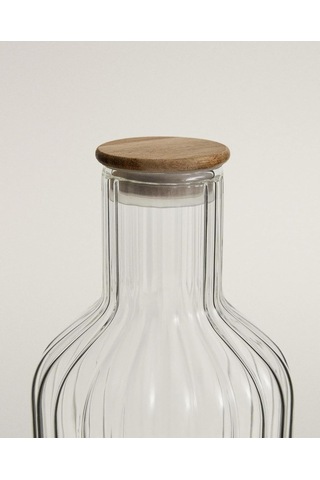 Lexroo Çizgili Borosilikat Cam Karaf 1.5lt - Vakumlu Ahşap Kapaklı Sürahi
