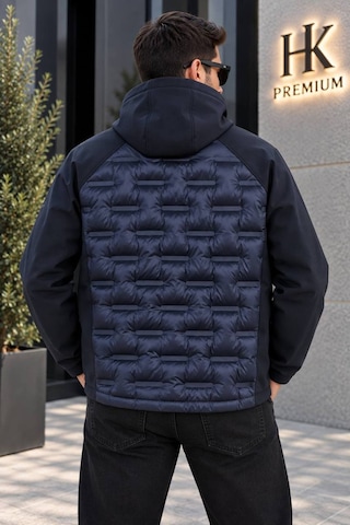 Hk Premium Erkek Parmak Baskı Kapitone %100 Polyester Hibrit Softshell Kapüşonlu Şişme Mont Lacivert