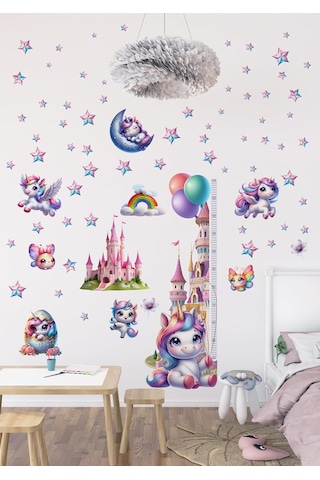 Unicorn Temalı Gökkuşağı Renkli Boy Ölçerli Duvar Sticker Seti - Mat, Sökülebilir, Çocuk Odası Dekoru