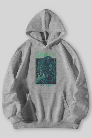 Harmandar Gamer Baskılı Unisex Siyah Gri Kanguru Cepli Kapüşonlu Sweatshirt Hoodie Gri