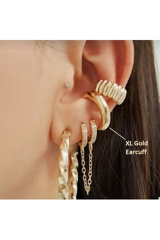 Xl Gold Earcuff Bombeli Halka Kıkırdak Küpesi Geçirmeli Günlük Ku Renkli