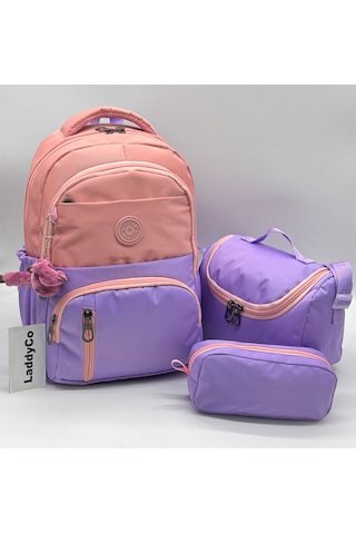 Suya Dayanıklı İlk Okul Çantası 3'lü Seti Unisex Çocuk İlkokul Çantası Ldc-8010 Pudra-lila Purple