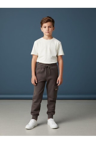 Zekids Erkek Çocuk Kargo Cepli Şardonlu Eşofman Alt-16659 Füme