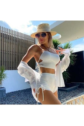 Yingfu Yüksek Bel Kadın Bikini Mayo Seti, Düz İplik İki Parça Yaz Plaj Giyimi, Beyaz Beyaz