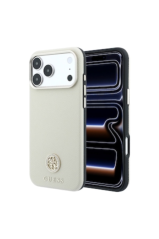 Apple iPhone Uyumlu 18 Pro Kılıf Guess Lisanslı M-safe Şarj Özellikli Pu Taşlı Metal 4g Ve Yazı Logolu Kapak Bej