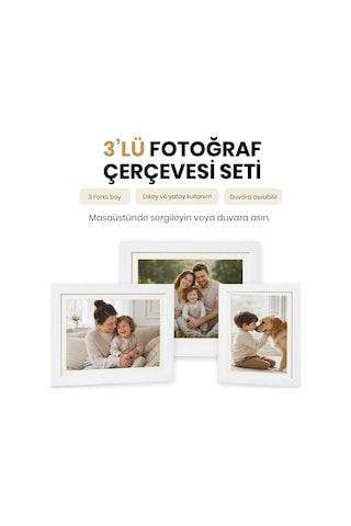 Vusıgn Mdf Beyaz Masaüstü Ve Duvar Askılı Fotoğraf Çerçevesi 3'lü Set