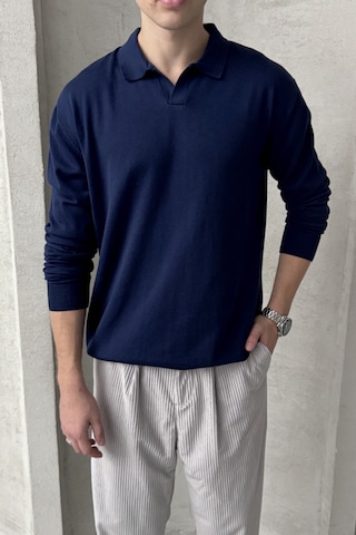 Erkek Pamuklu Polo Yaka Oversize Triko Kazak Lacivert