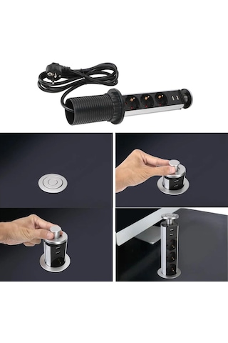 Xtechnx Xtechn246539 Vea Ve-24062 Üçlü 1.5 Metre Kablolu İki Usb Li 60mm Masaüstü Priz 1.5 M