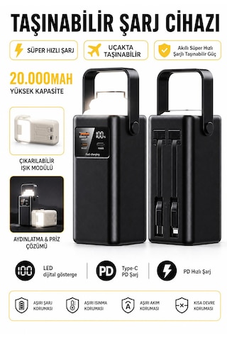 20.000mah Taşınabilir Şarj Cihazı Powerbank Fenerli E Modlu Dijital Göstergeli Micro Usb Type-c Şarj Kablolu Taşıma Kollu Kısa Devre Korumalı siyah