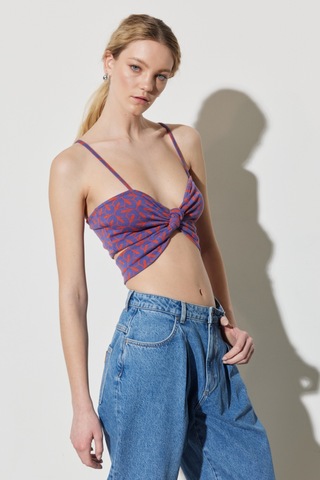 Regular Fit Normal Kesim Askılı Desenli Crop Bluz Renkli