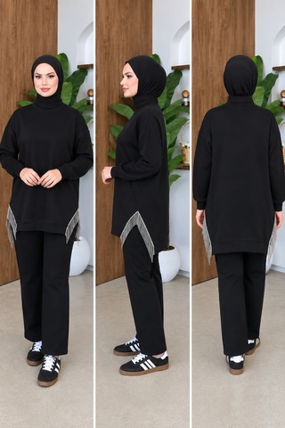 Aymiraa Kadın Püskül Detaylı Rahat Kalıp Tesettür Sweatshirt Tunik Siyah Siyah