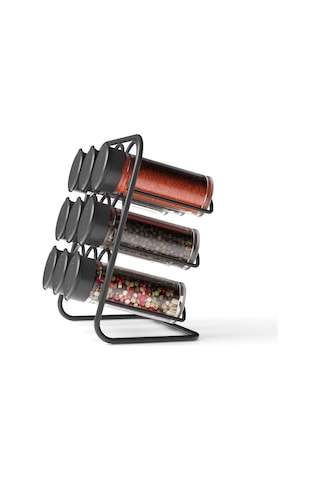 Teknotel Metal 9'lu Baharatlık Standı 9 Adet Cam Baharatlık Tuzluk Mat Siyah Mg025 Siyah