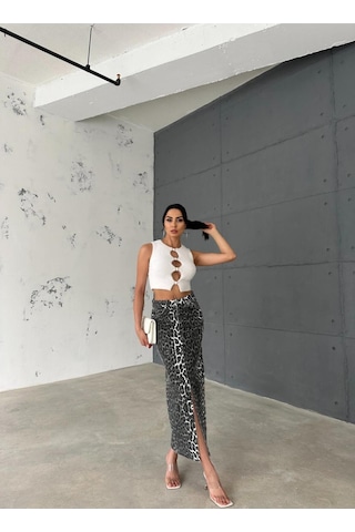 Zeo Basic Leopar Desenli Maxi Etek Haki
