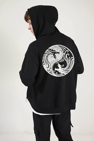 Altamira Unisex Siyah Sırt Baskılı Ince Mevsimlik Kapşonlu Oversize Hırka 001