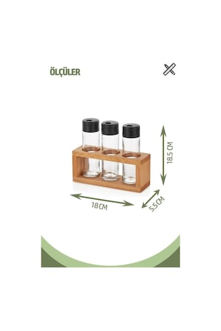 Kenpool Lima 3Lü Baharat Takımı Ahşap Stantlı Baharatlık Siyah Kapak