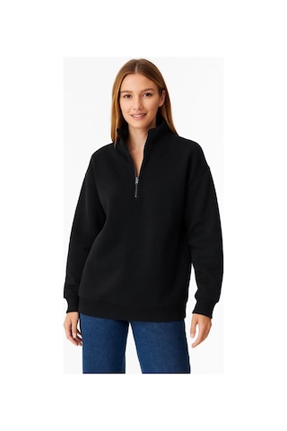 Kadın 3 İplik Pamuklu Dık Yaka Yarım Fermuarlı Sweatshirt - Siyah