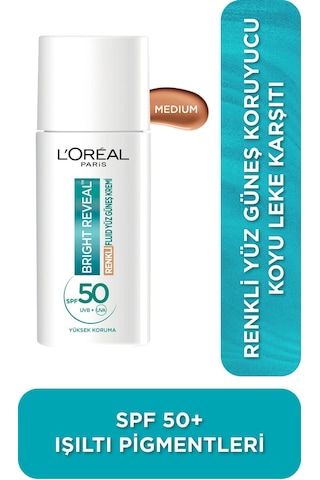 L'Oréal Paris Bright Reveal Koyu Leke Karşıtı Renkli Fluid Günlük Yüz Güneş Kremi SPF50 Medium 50 ML